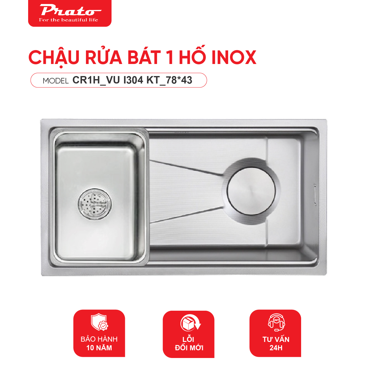 Chậu rửa bát 1 hố Prato INOX nano kích thước 78*43cm